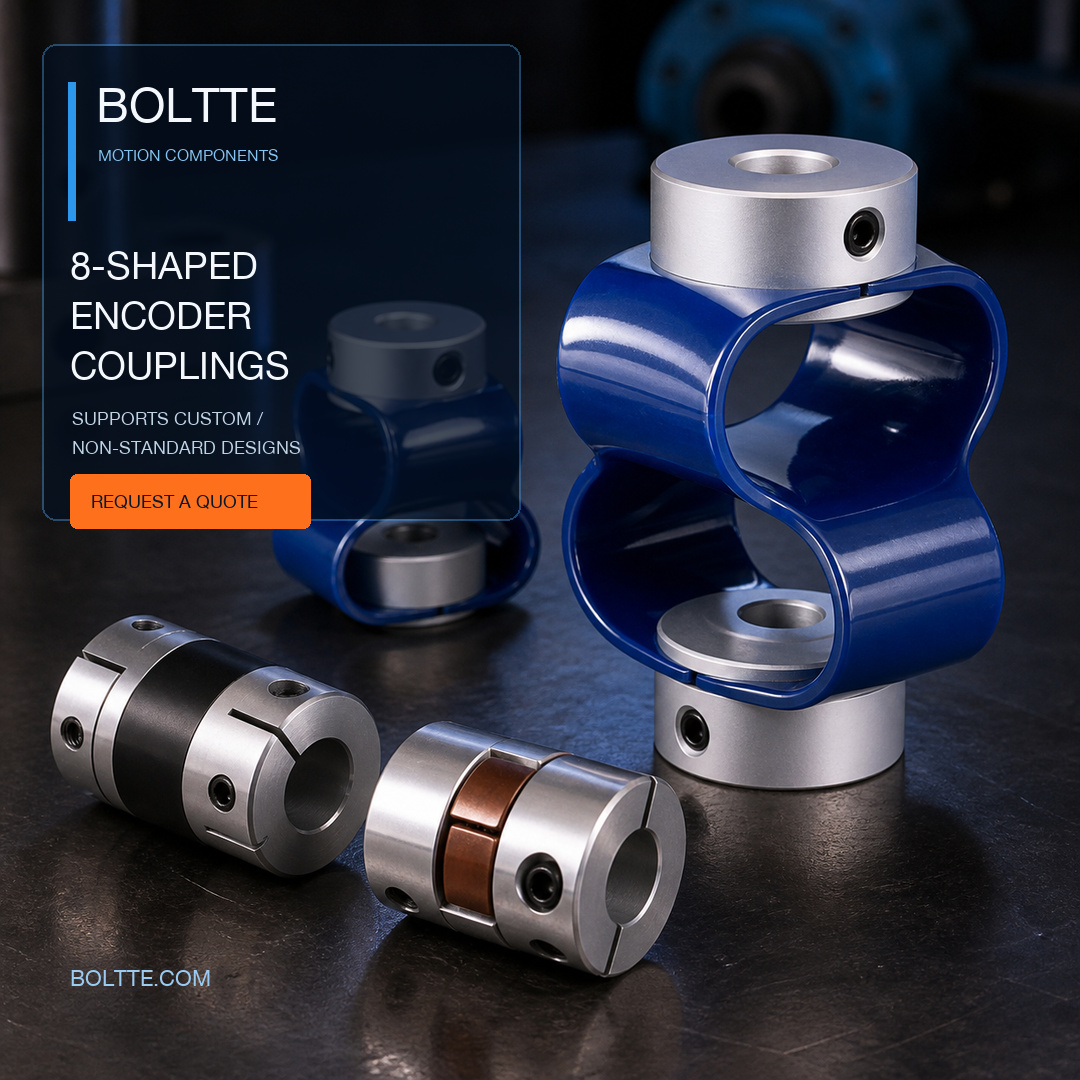 BOLTTE illustrative render of figure-eight encoder couplings and Oldham couplings with different slider styles