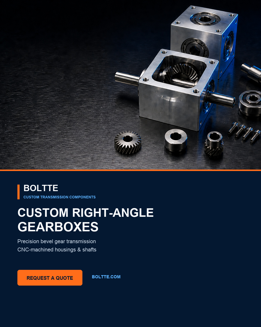 BOLTTE CNC-machined right-angle gearbox housings and shafts