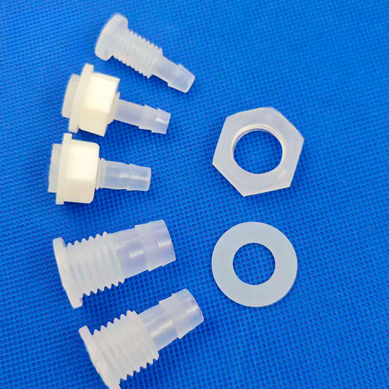 Plastic Threaded Bulkhead Hose-Barb Fittings with Nut and Washer, M10-M12 dimensions in mm and inches