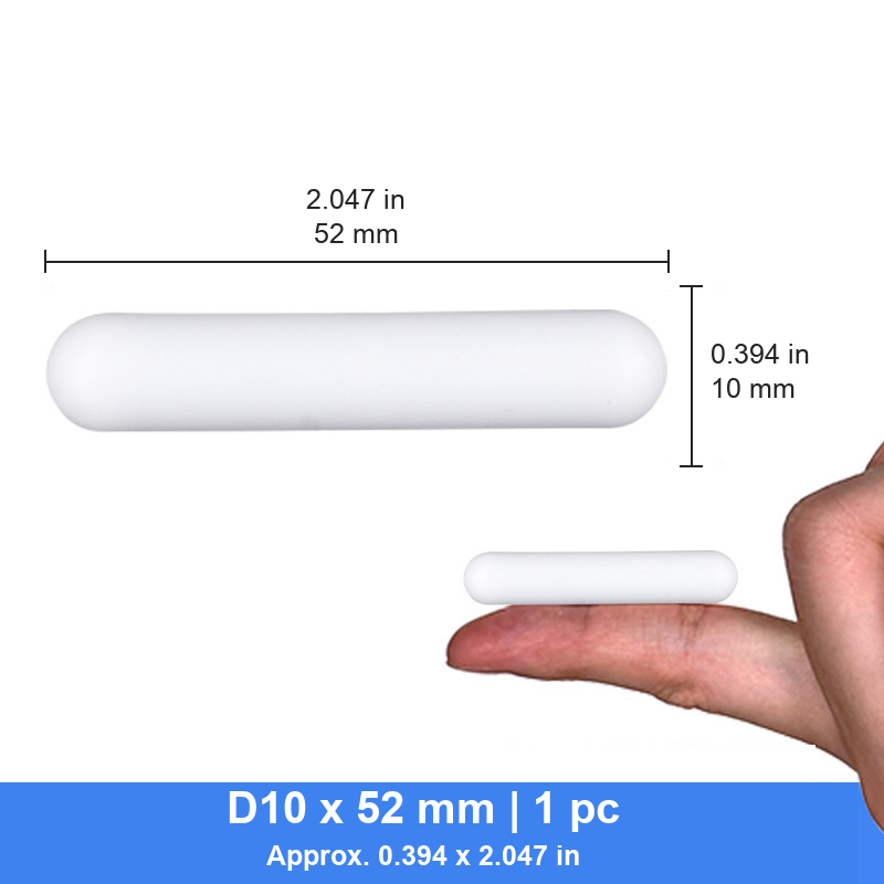 D10 x 52 mm cylindrical PTFE stir bar photograph and nominal dimensions