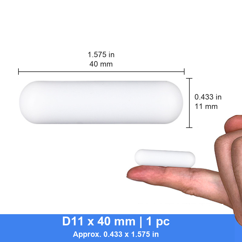 D11 x 40 mm cylindrical PTFE stir bar photograph and nominal dimensions