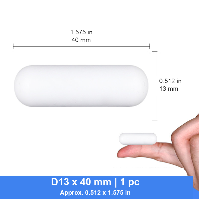 D13 x 40 mm cylindrical PTFE stir bar photograph and nominal dimensions