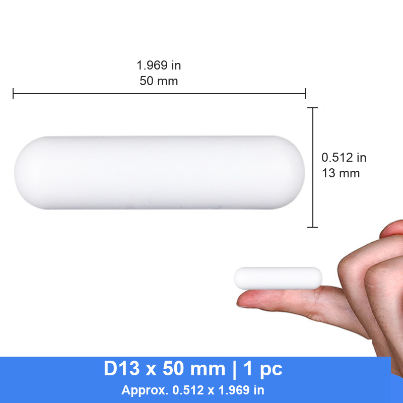 D13 x 50 mm cylindrical PTFE stir bar photograph and nominal dimensions