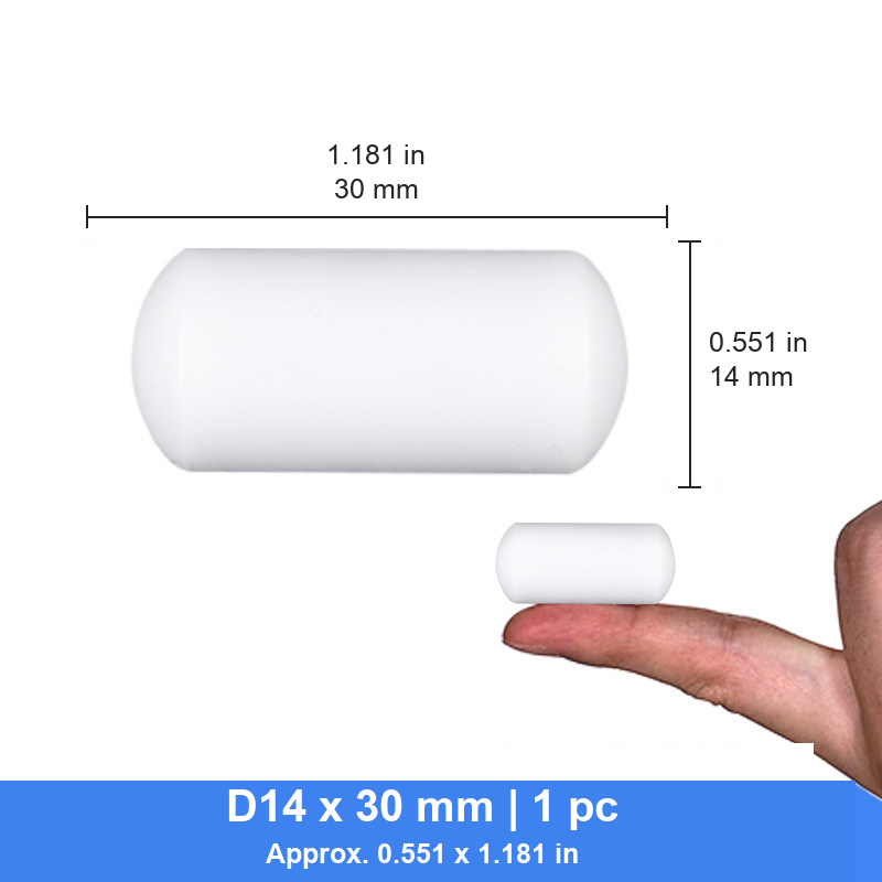 D14 x 30 mm cylindrical PTFE stir bar photograph and nominal dimensions