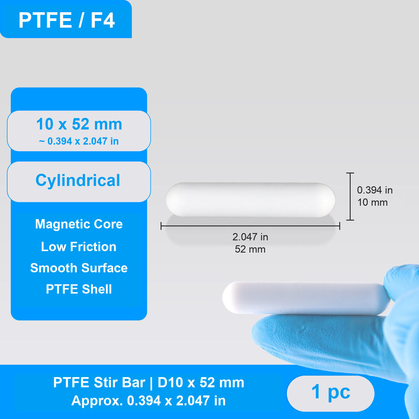 Cylindrical PTFE Magnetic Stir Bars, D10-D15, 26-55 mm