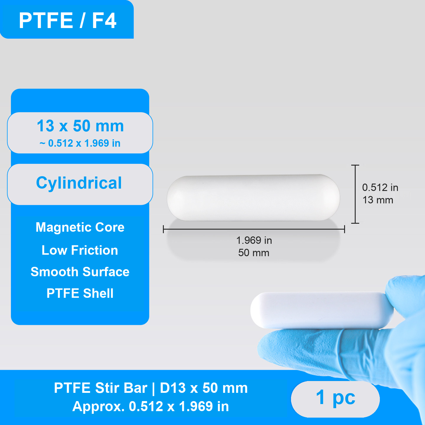 Cylindrical PTFE Magnetic Stir Bars, D10-D15, 26-55 mm