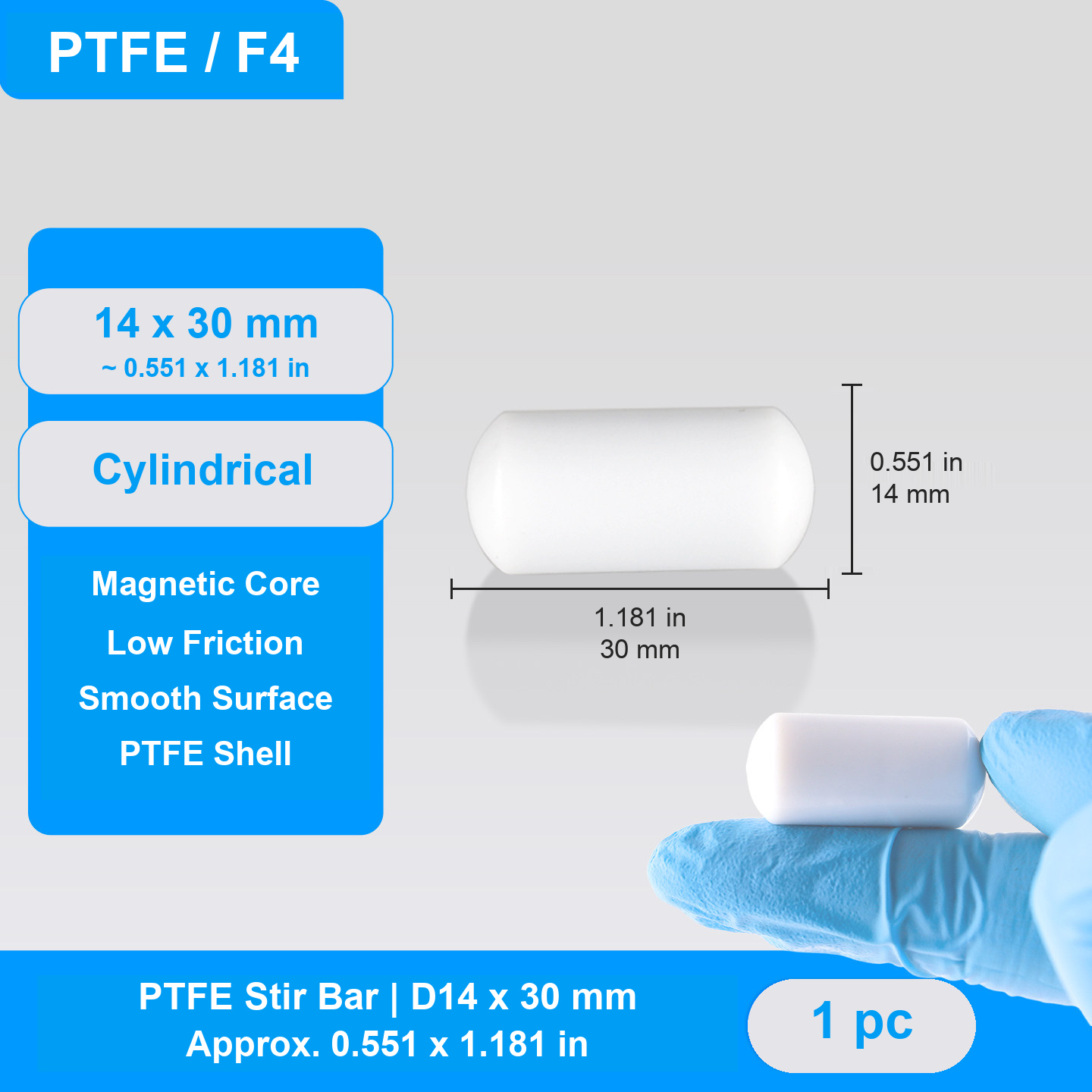 Cylindrical PTFE Magnetic Stir Bars, D10-D15, 26-55 mm