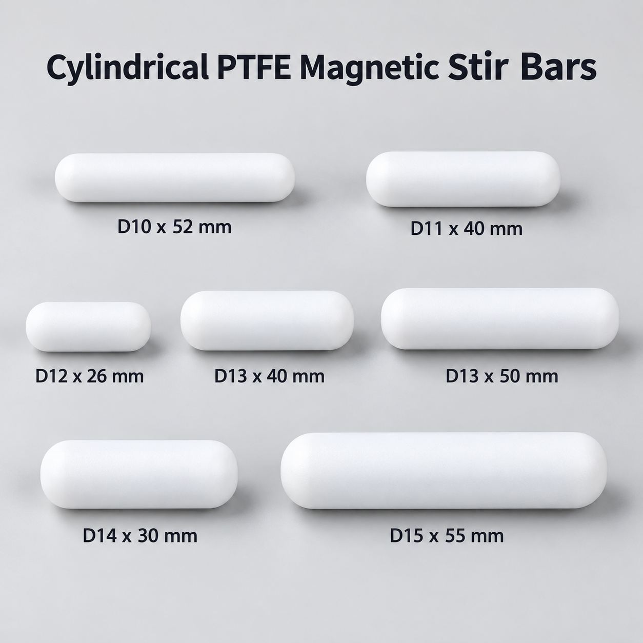 Cylindrical PTFE Magnetic Stir Bars, D10-D15, 26-55 mm