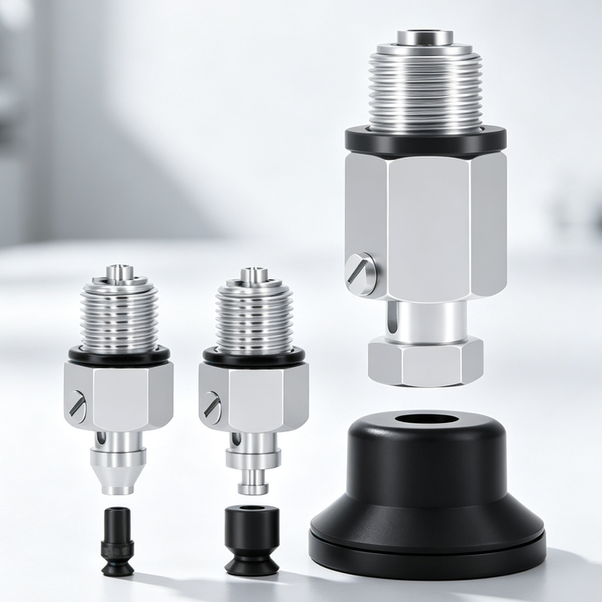 V-J-WES Spring Vacuum Cup Mounts — Standard, Antistatic or FKM, D2–D50