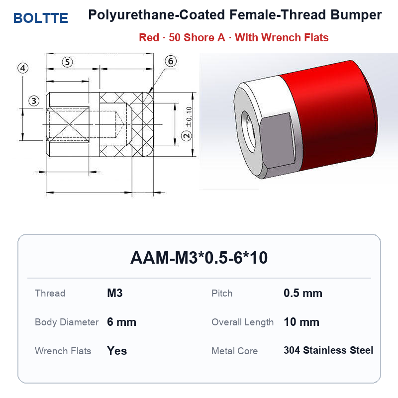 Red 50 Shore A - M3*0.5-6*10 polyurethane-coated female-thread bumper