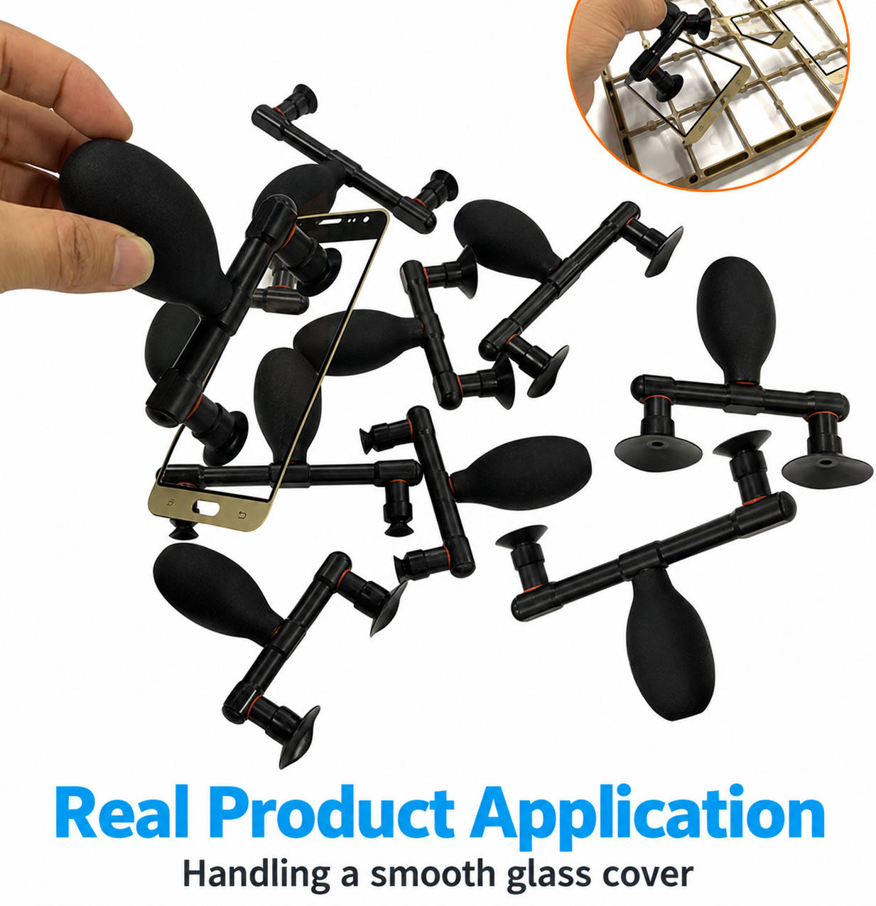 Supplied real hand-held dual-cup vacuum tool application with a smooth glass phone cover