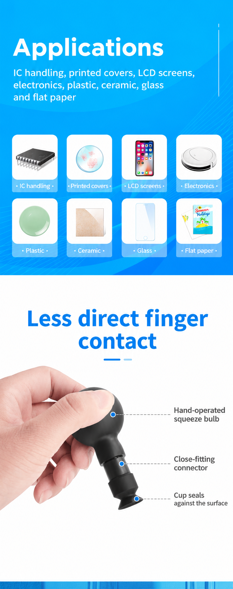 Applications: IC handling, printed covers, LCD screens, electronics, plastic, ceramic, glass and flat paper