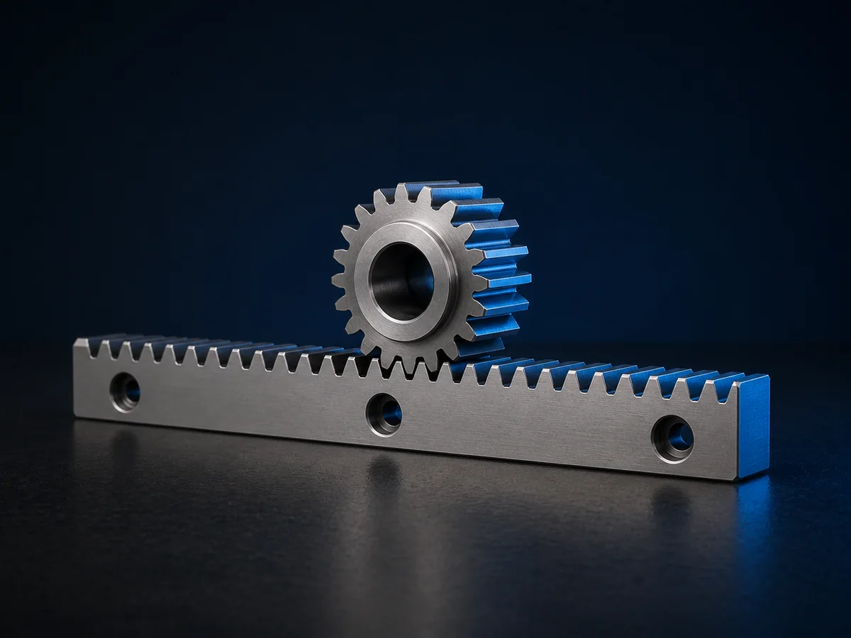 Illustrative render of a generic steel gear rack and pinion for drawing-based quotation