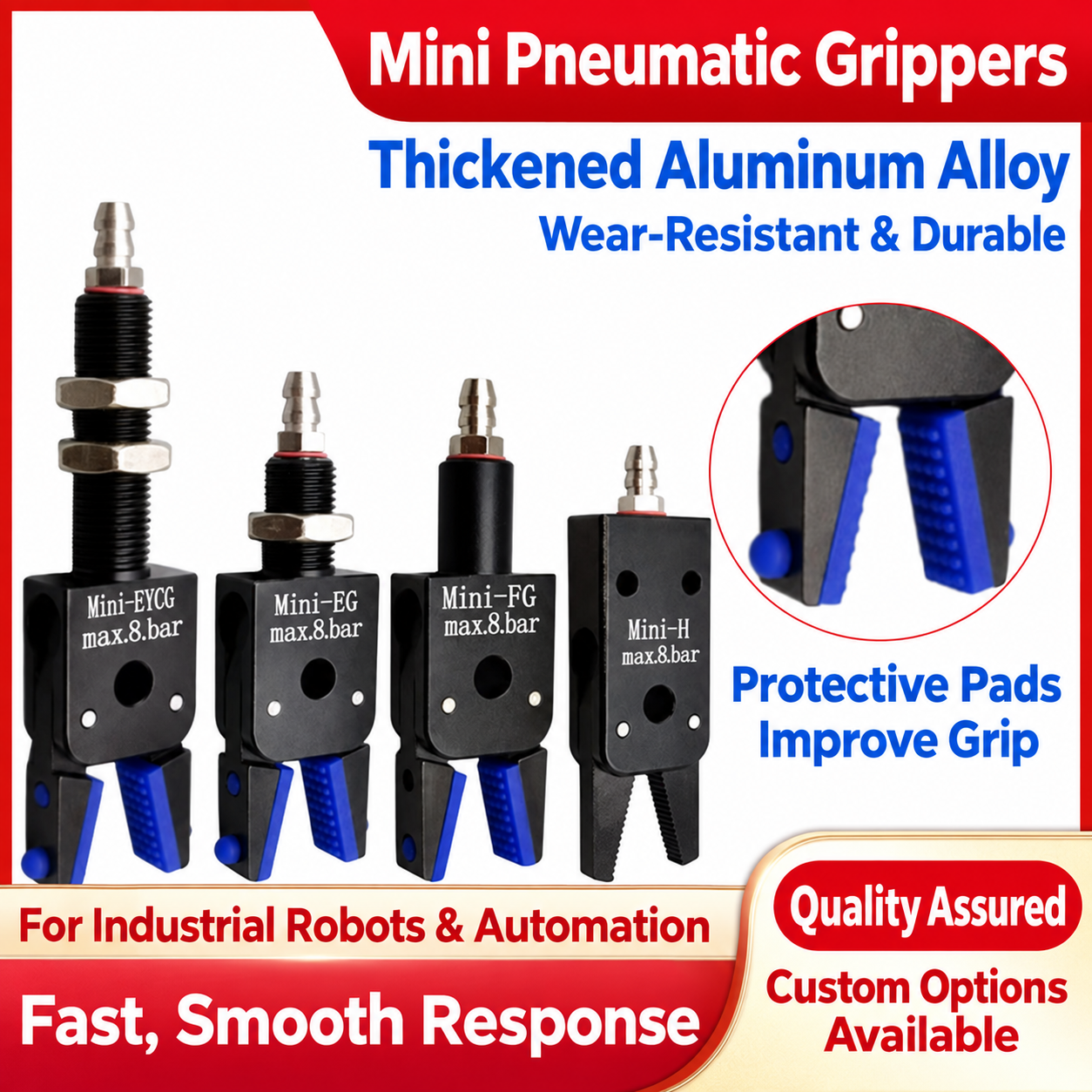 Mini pneumatic grippers: aluminum construction and protective pads