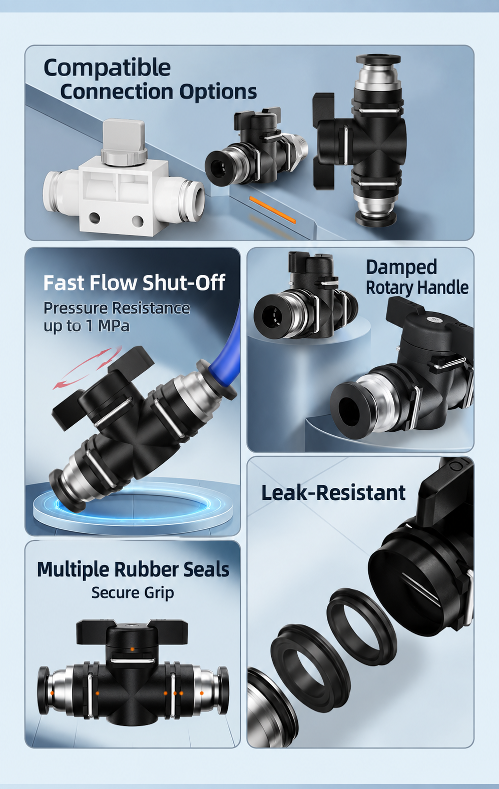 Pneumatic manual shut-off valve features and sealing
