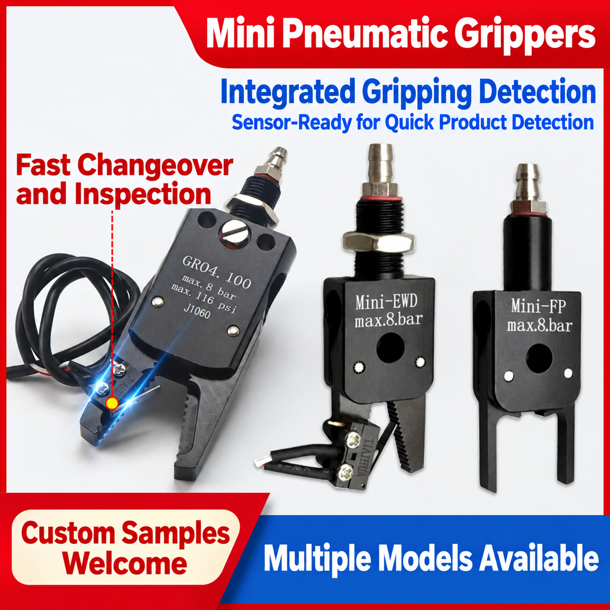 Mini pneumatic grippers: integrated gripping detection
