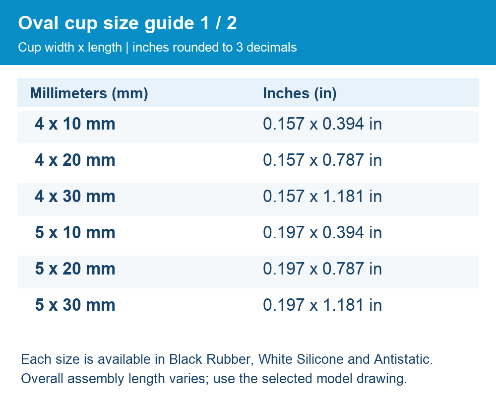 sizes - SMT oval vacuum cup original photographs and dimensions