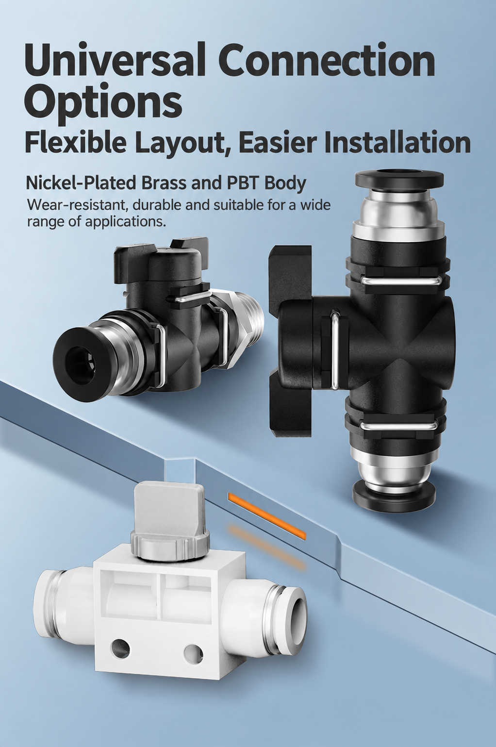 Nickel-plated brass and PBT manual shut-off valve construction
