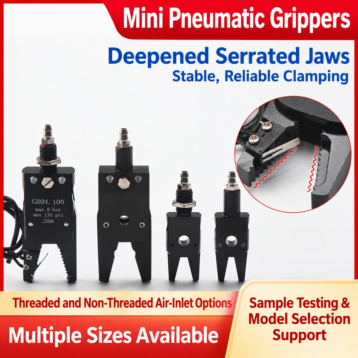 Mini pneumatic grippers: serrated jaws and inlet options