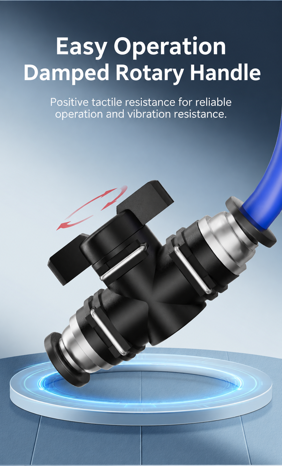 Damped rotary handle operation for pneumatic shut-off valve