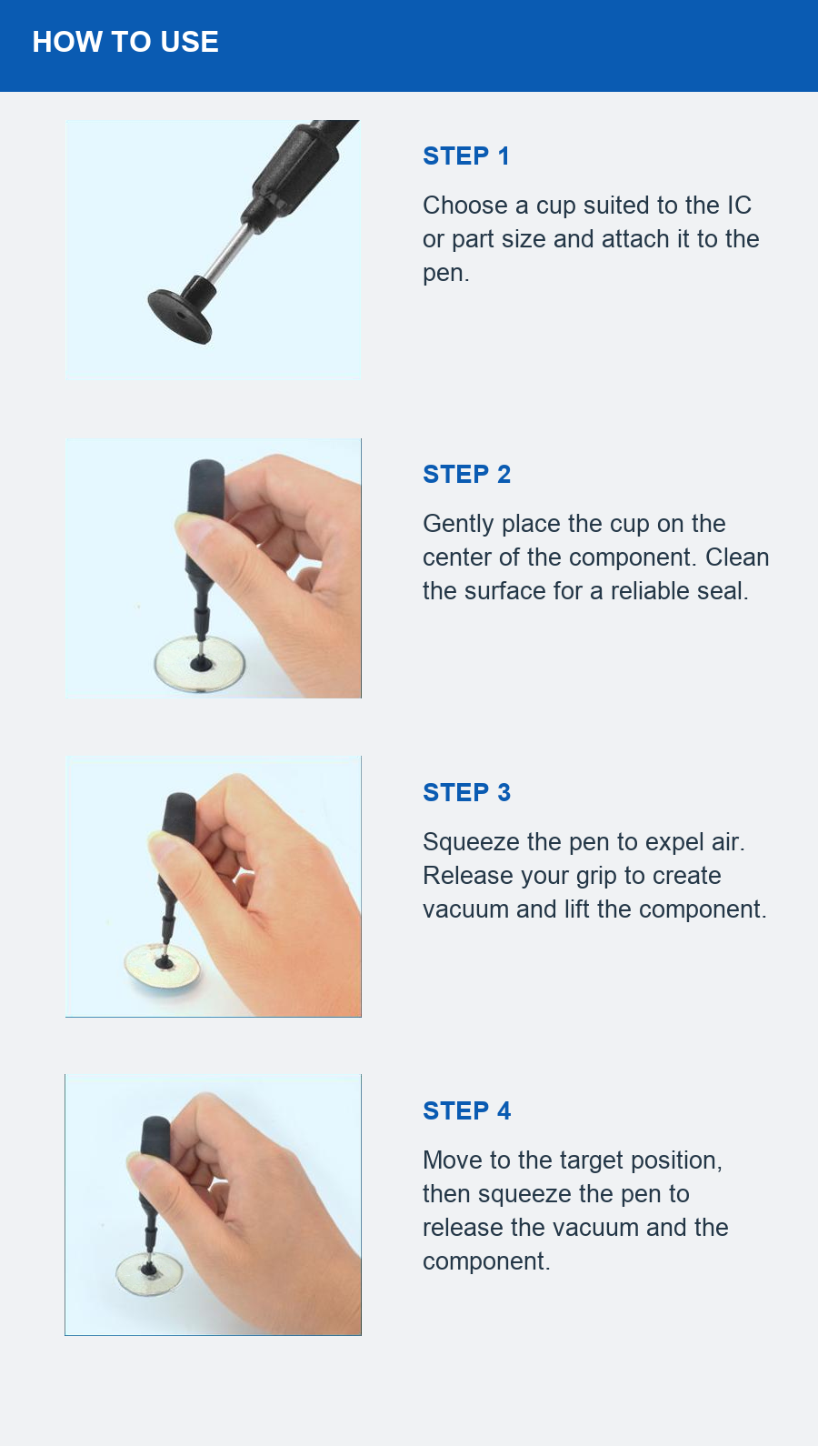 Four steps for attaching, picking up, moving and releasing a component