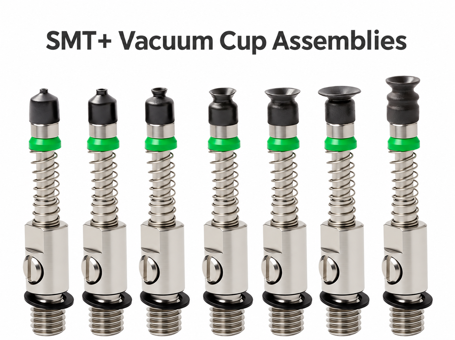 Seven original black SMT+ vacuum cup shapes on standard spring holders