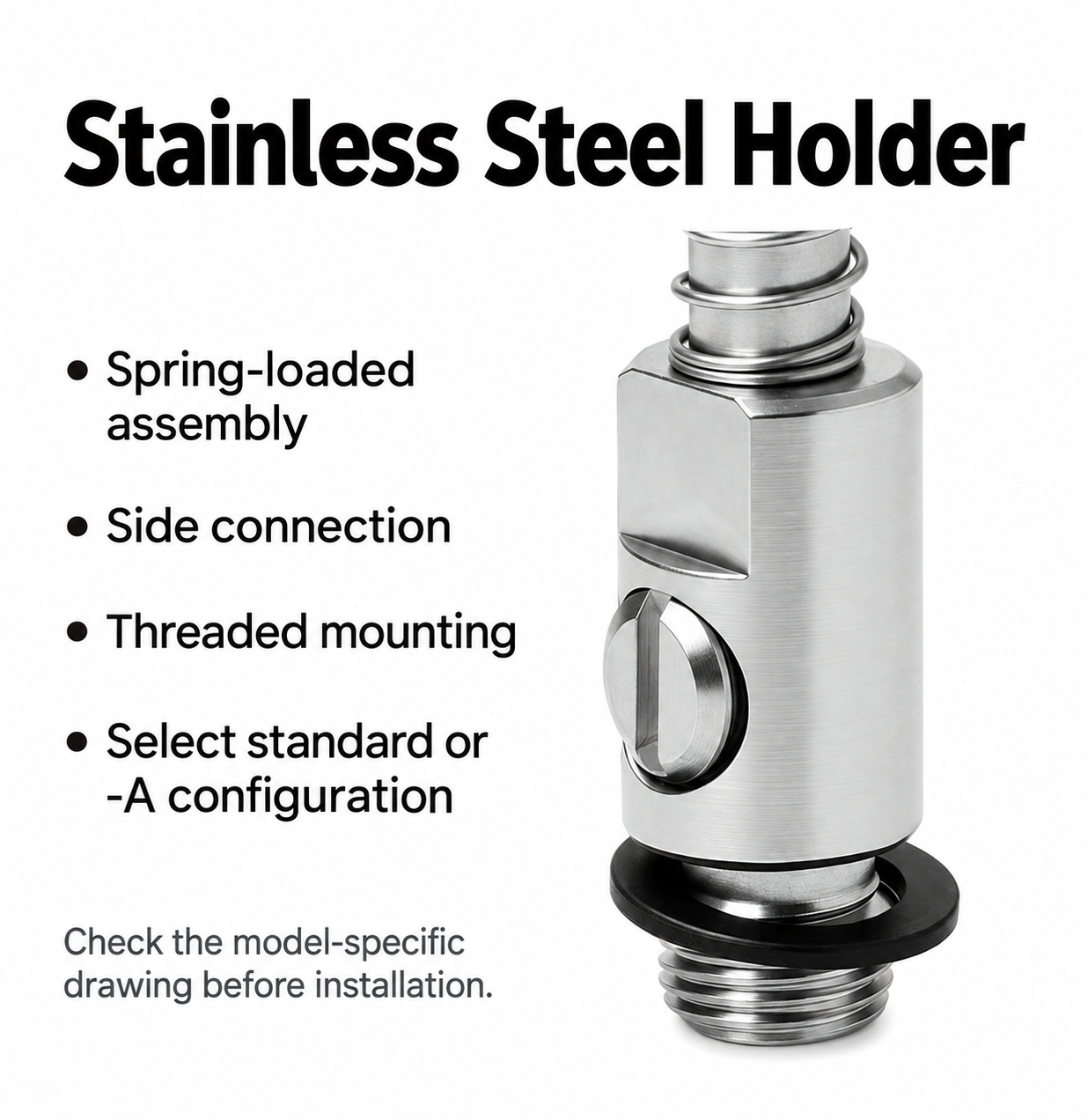 Stainless steel spring holder close-up with side connection and threaded mounting