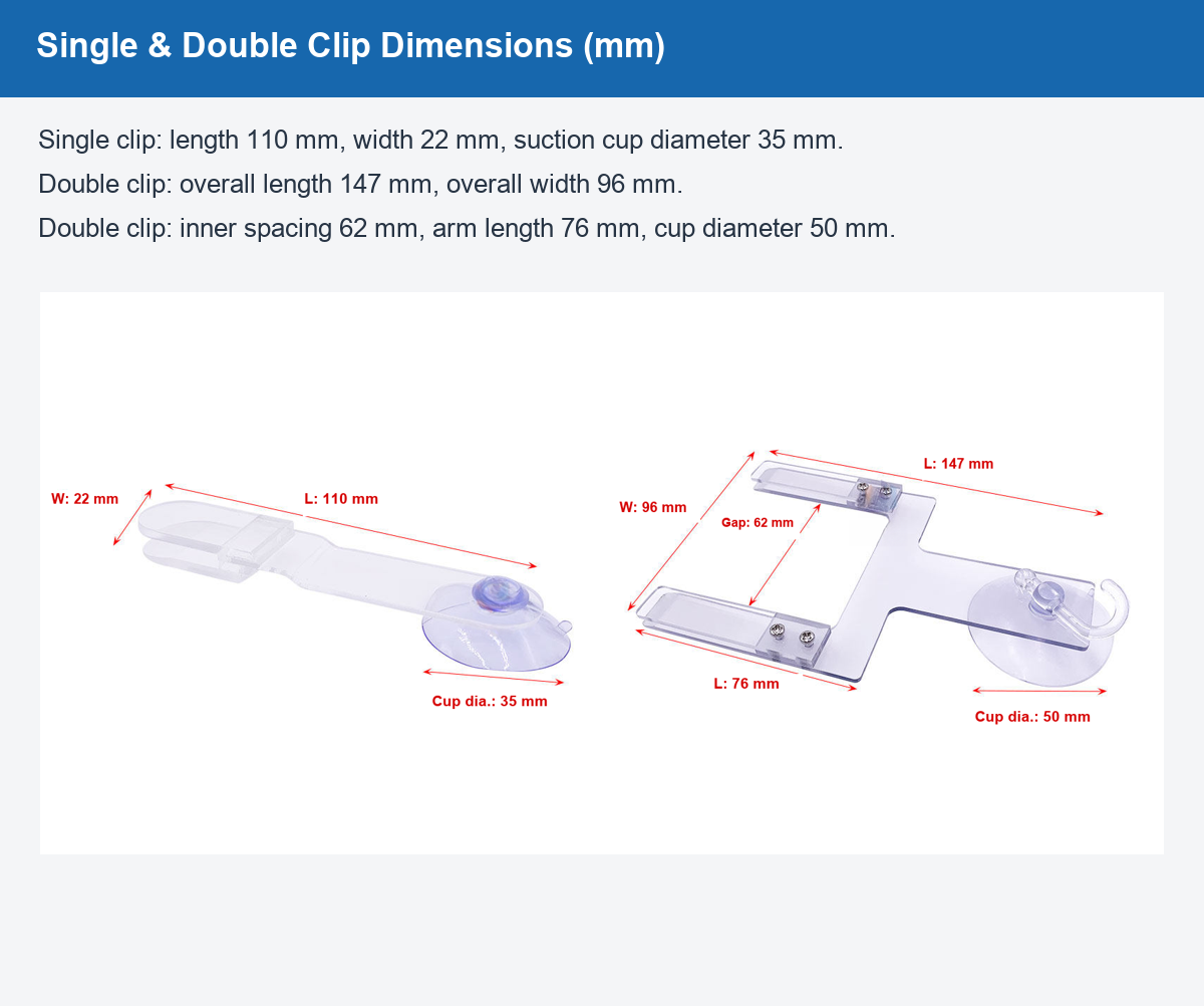 Single and double PCB holding clip dimensions in millimeters