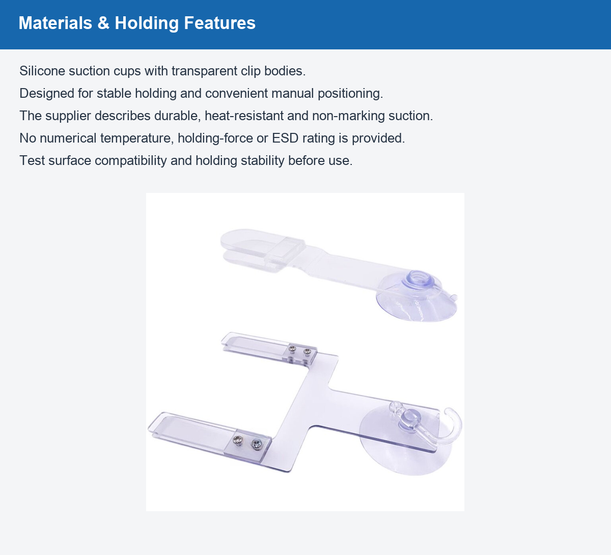 Silicone suction-cup clip materials and holding features