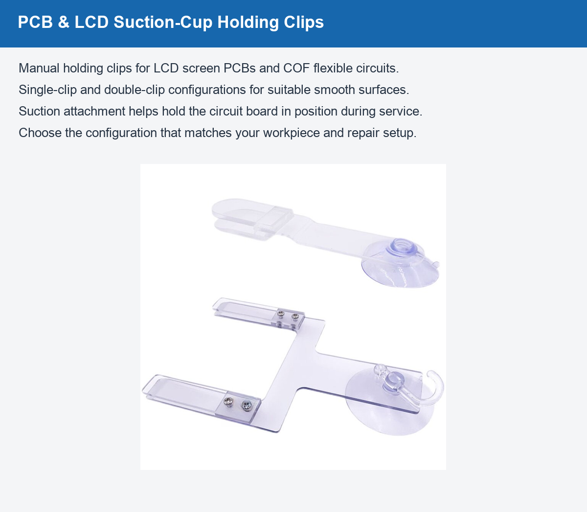 PCB and LCD suction-cup holding clip overview