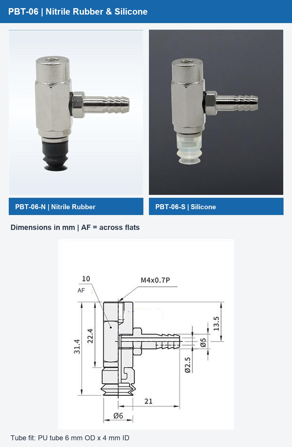 PBT-06 nitrile rubber and silicone photographs with dimensional drawing