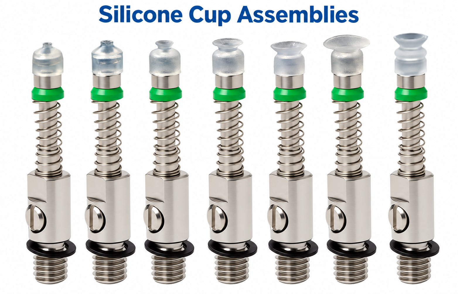Seven original translucent silicone SMT+ vacuum cup shapes on standard spring holders