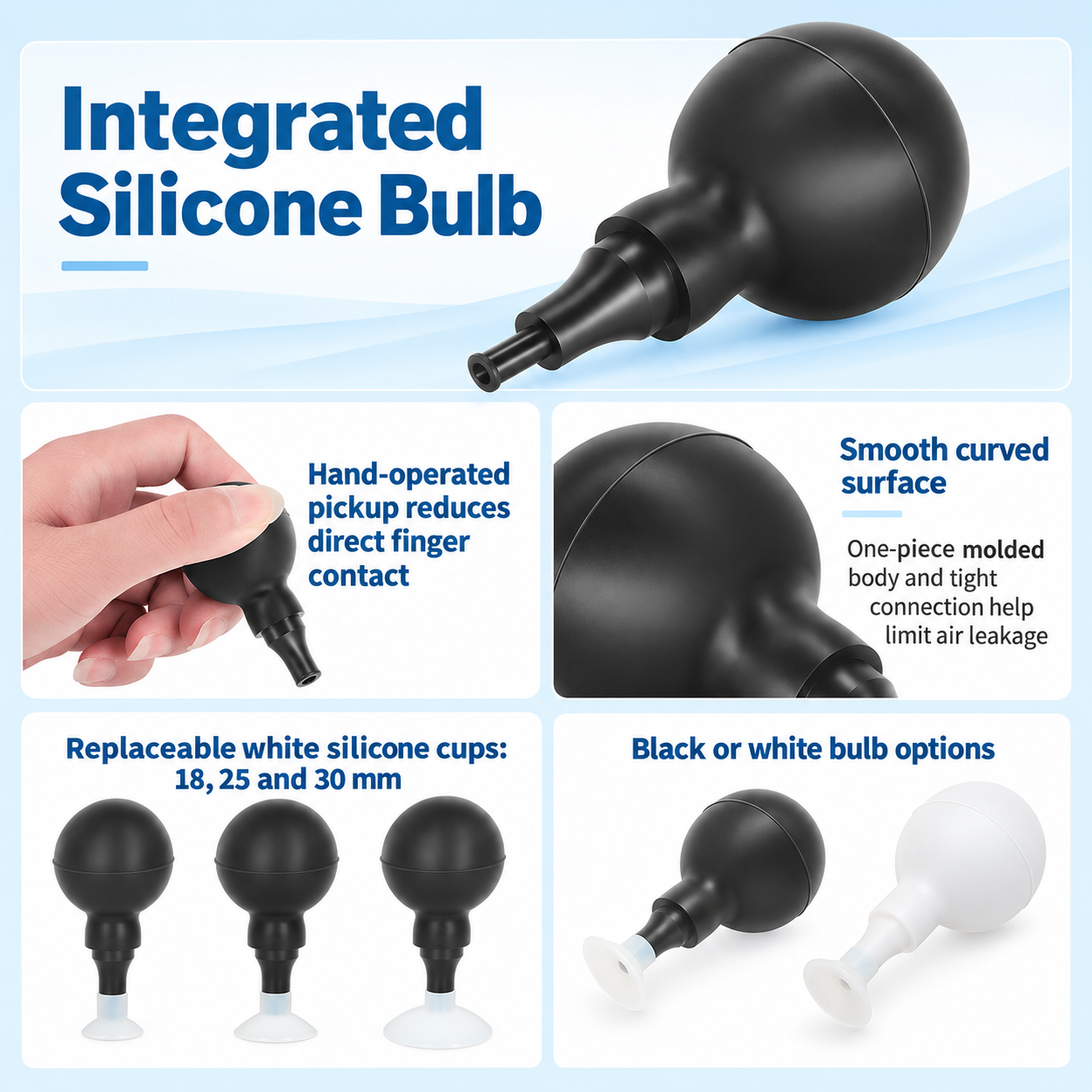 Integrated silicone bulb, smooth surface, replaceable cups and reduced direct finger contact