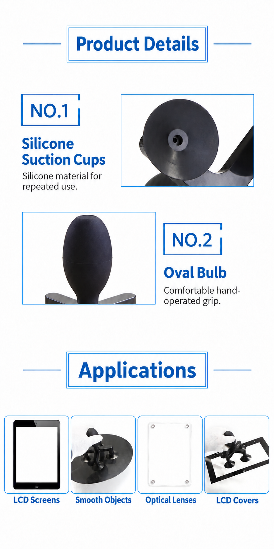 Silicone cup and oval bulb close-ups with LCD, smooth-object, optical-lens and LCD-cover application examples