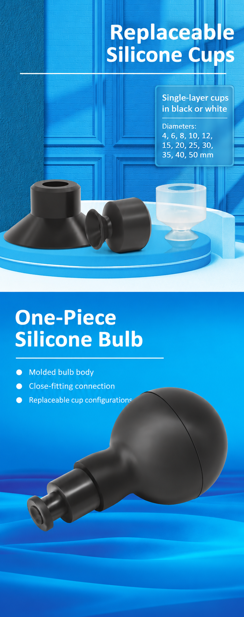 Replaceable silicone cups and molded one-piece silicone bulb
