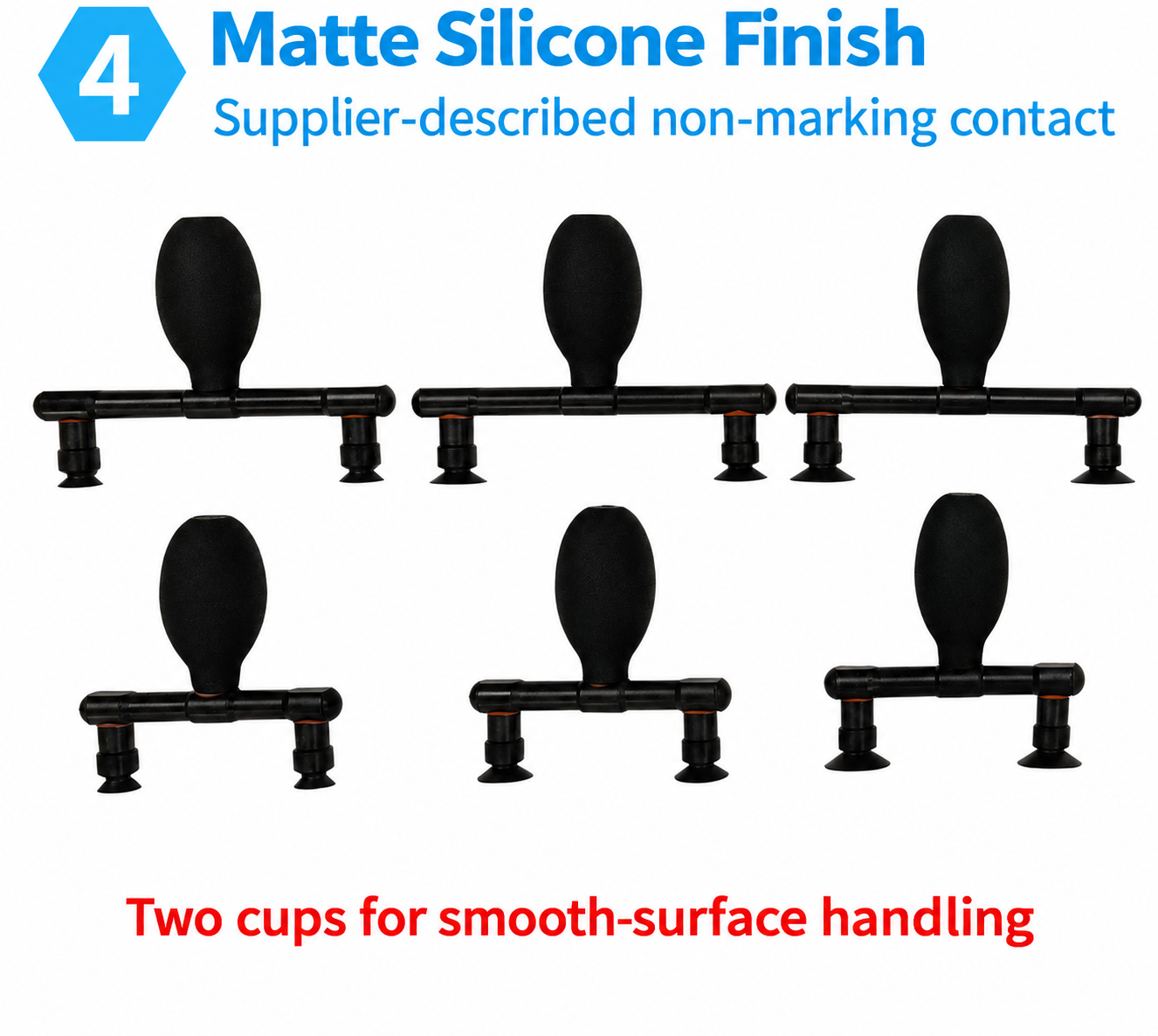 Six real black dual-cup vacuum tools showing matte silicone finish and cup-size differences