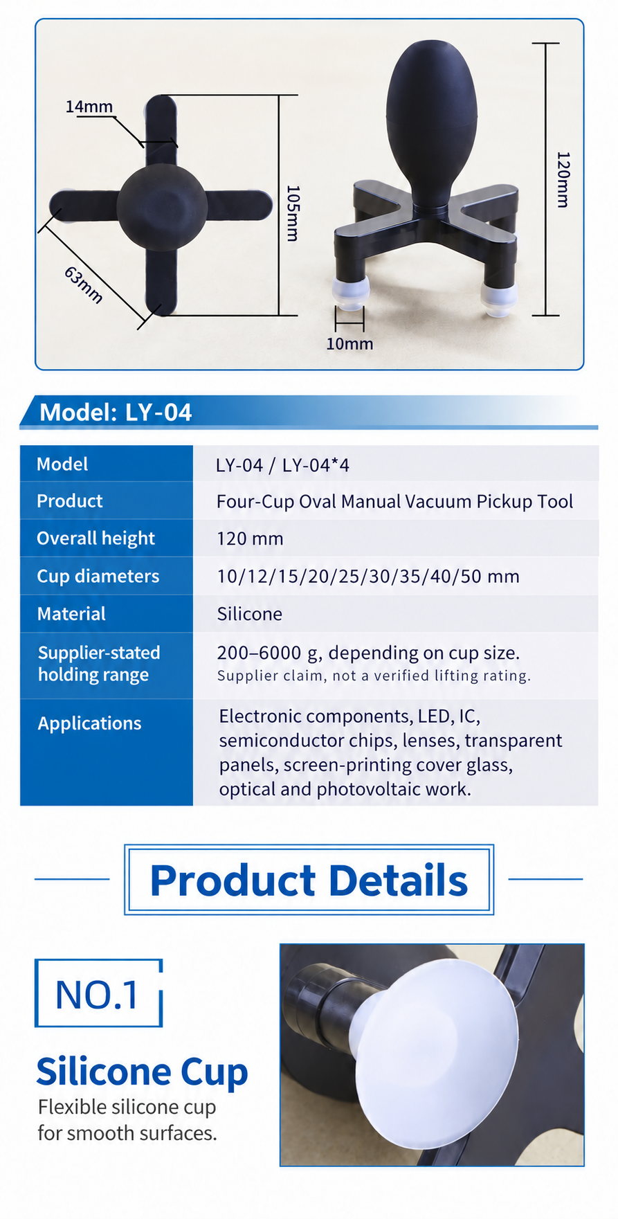 White-cup LY-04 frame and height dimensions, supplier specifications and silicone cup closeup