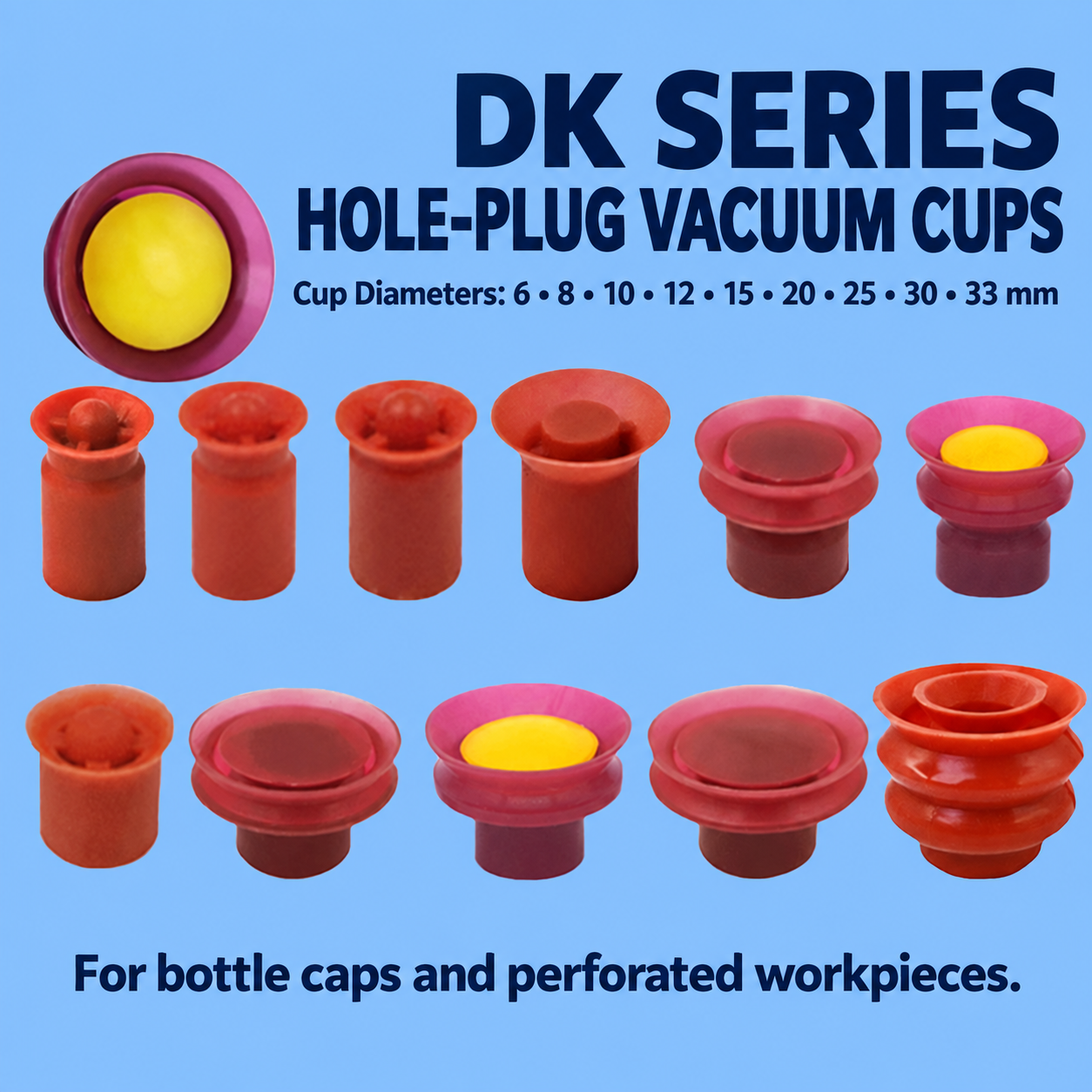 Ventosas de vac&iacute;o de tap&oacute;n de agujero de la serie DK para tapas de botellas y piezas de trabajo perforadas