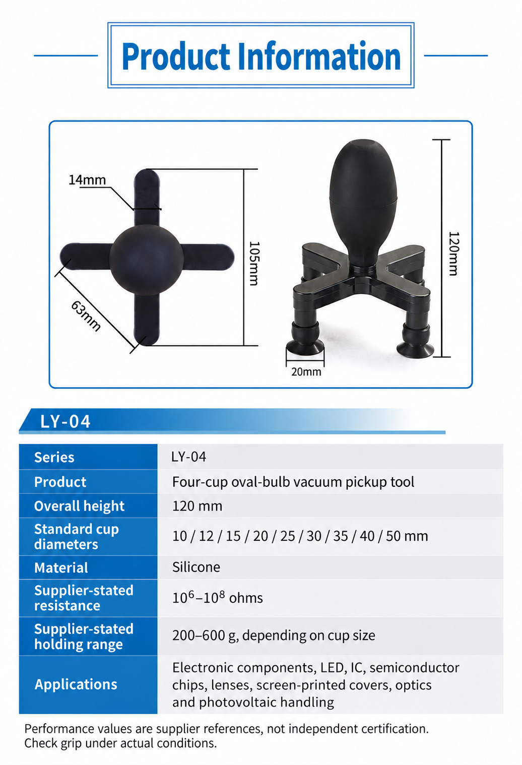 LY-04 four-cup tool dimensions and supplier specifications: 120 mm height, 105 mm span, 14 mm arm width and 63 mm marked diagonal