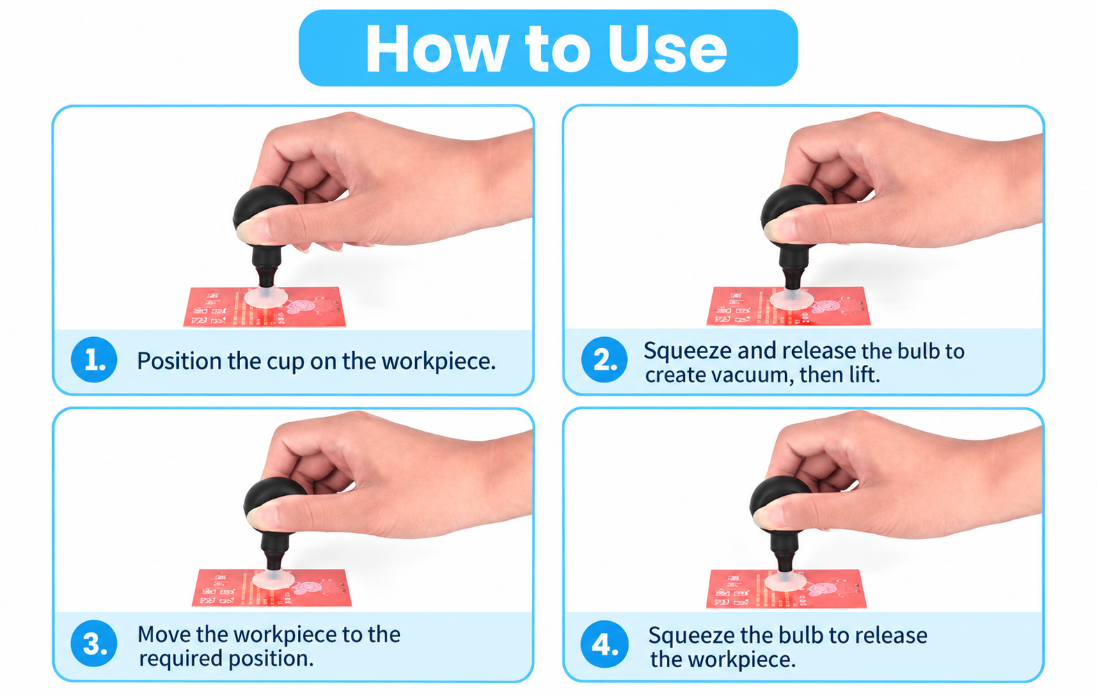 Four-step manual vacuum pickup bulb instructions
