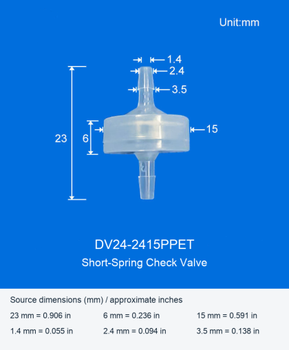 DV24-2415PPET Plastic Check Valve, 2.4 mm, Short Spring