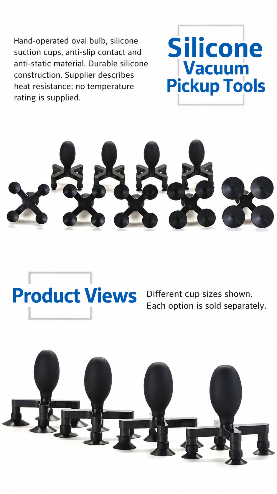 Real four-cup vacuum tool photographs showing top, underside and different cup-size views