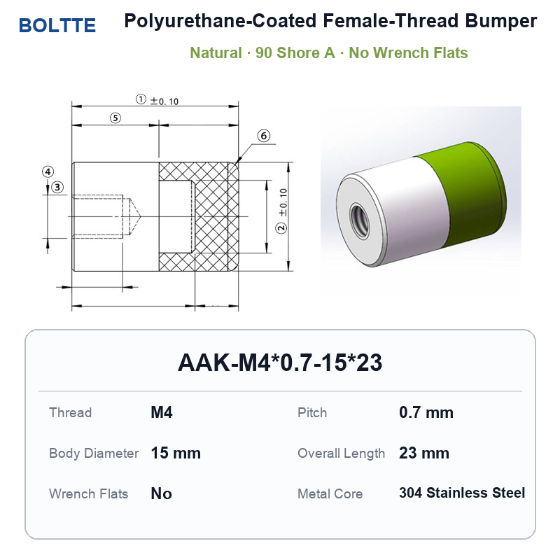 Natural 90 Shore A - M4*0.7-15*23 - No Wrench Flats polyurethane-coated female-thread bumper