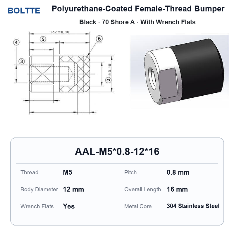 Black 70 Shore A - M5*0.8-12*16 polyurethane-coated female-thread bumper