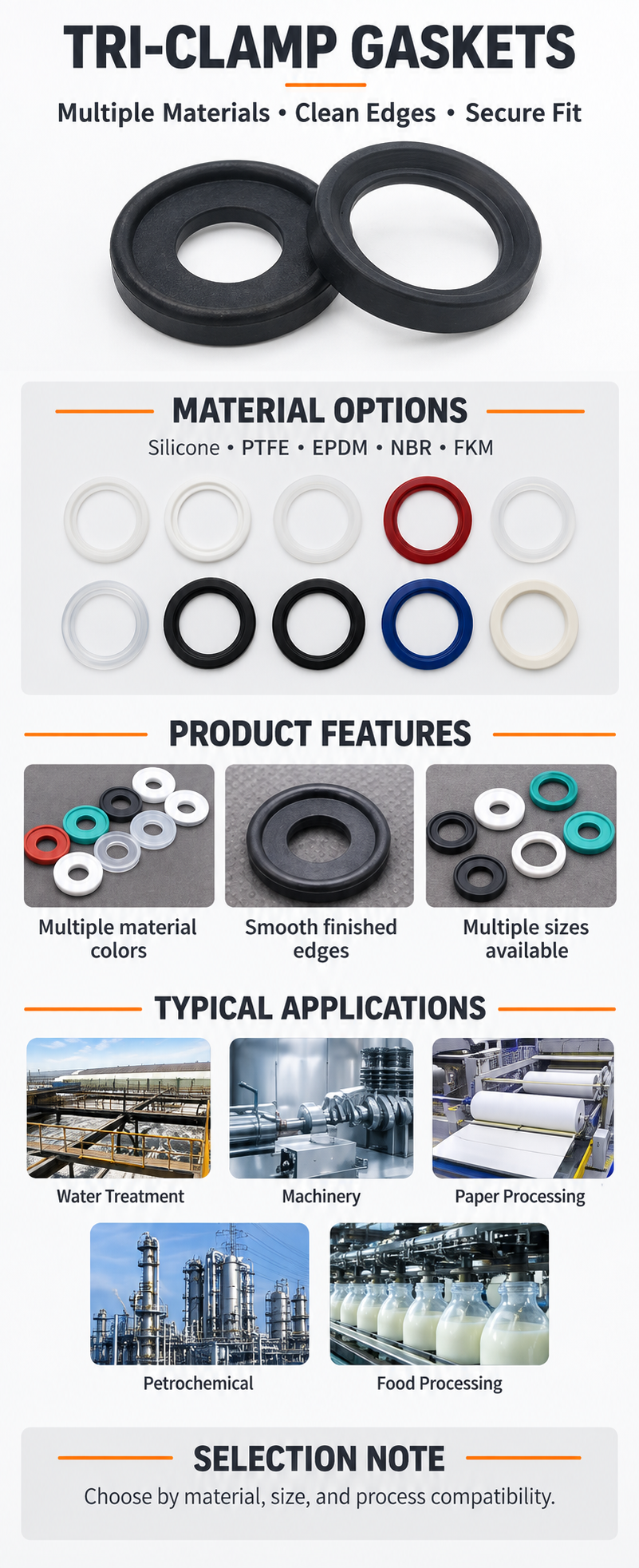 Tri-clamp gasket materials, features, applications and selection notes