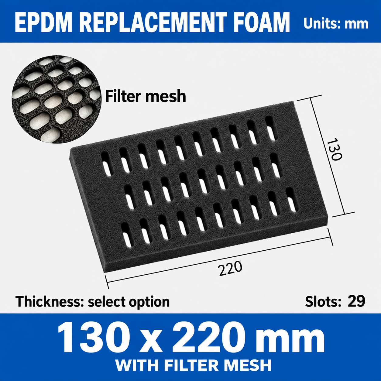 EPDM replacement foam pad, 130 x 220 mm, with filter mesh