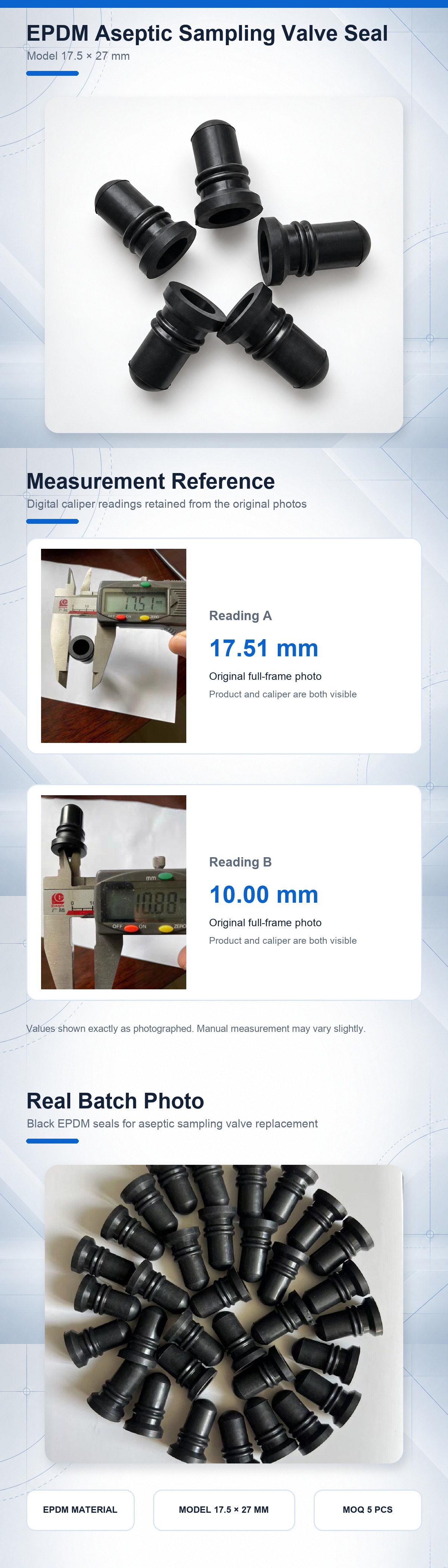 EPDM aseptic sampling valve seal product overview, measurement reference and batch photo