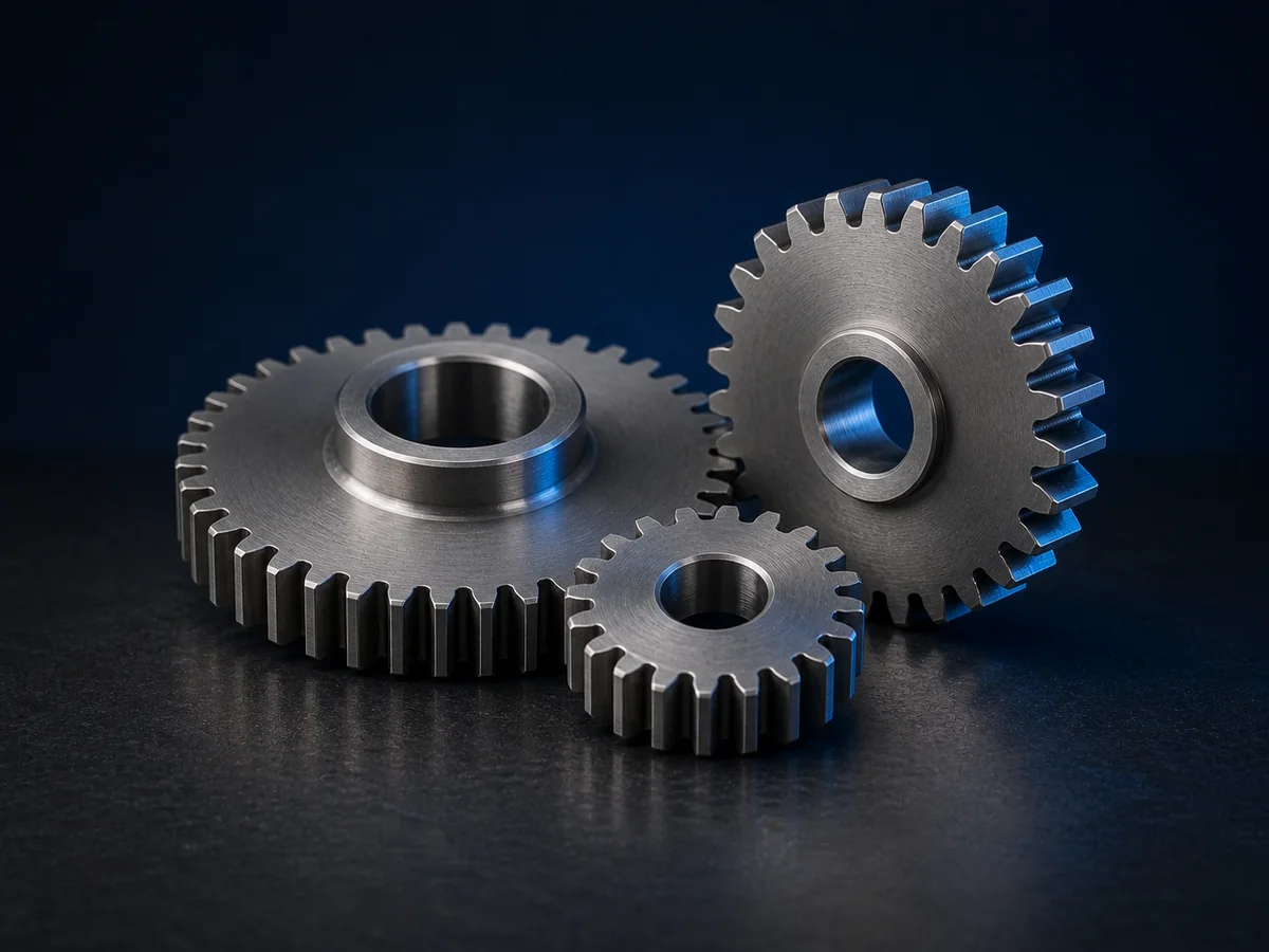 Illustrative render of a generic meshing steel spur gear set for drawing-based quotation