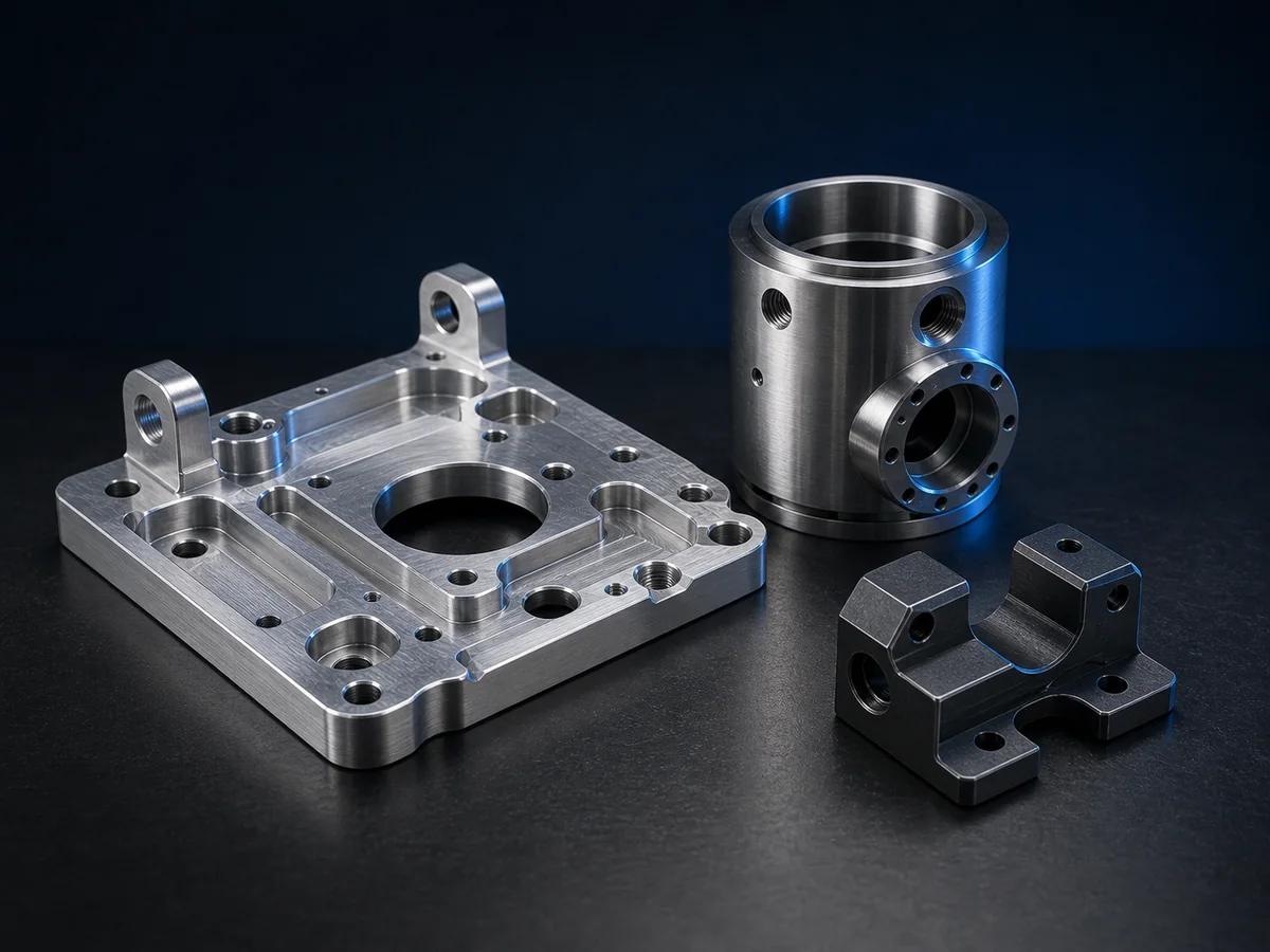 Illustrative dark industrial render of generic CNC machined metal components; final geometry and material depend on the customer drawing