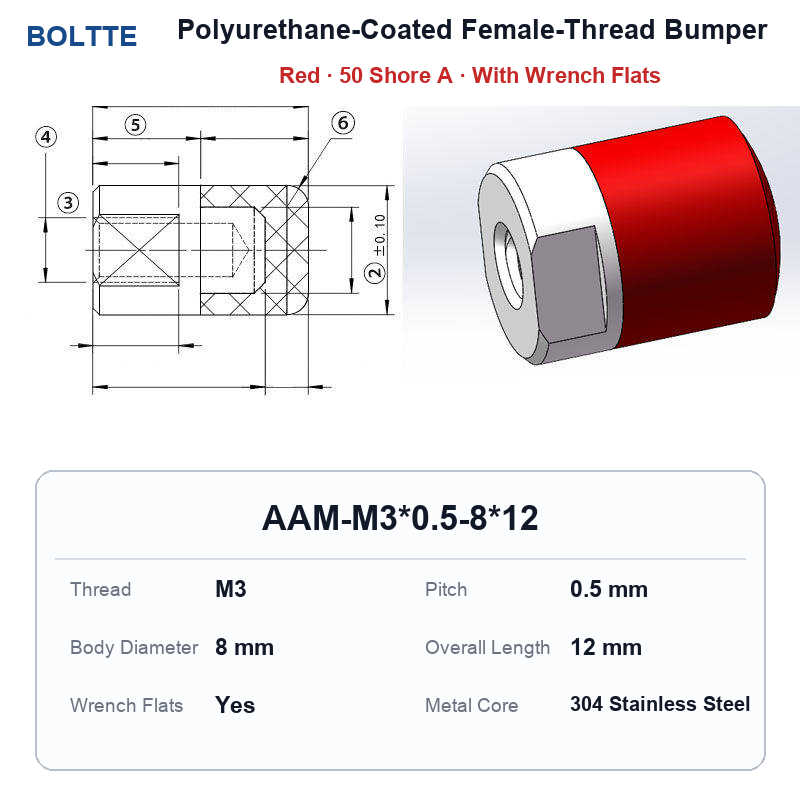 Red 50 Shore A - M3*0.5-8*12 polyurethane-coated female-thread bumper
